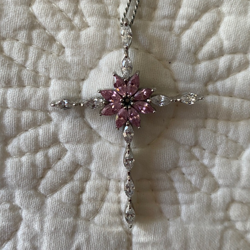 Cross Necklace with Pink And Clear Stones.